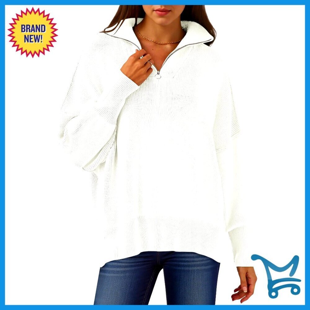 Oversized Quarter Zip Pullover Sweater Long Sleeve Drop Shoulder Loose Fit